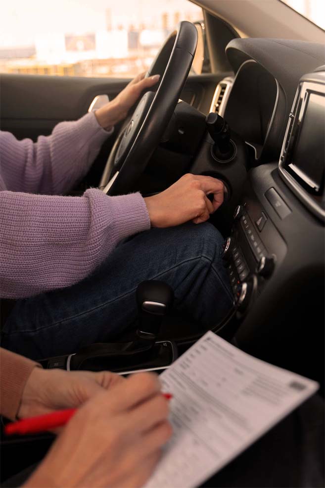 femme passant son examen de permis de conduire dans un vehicule